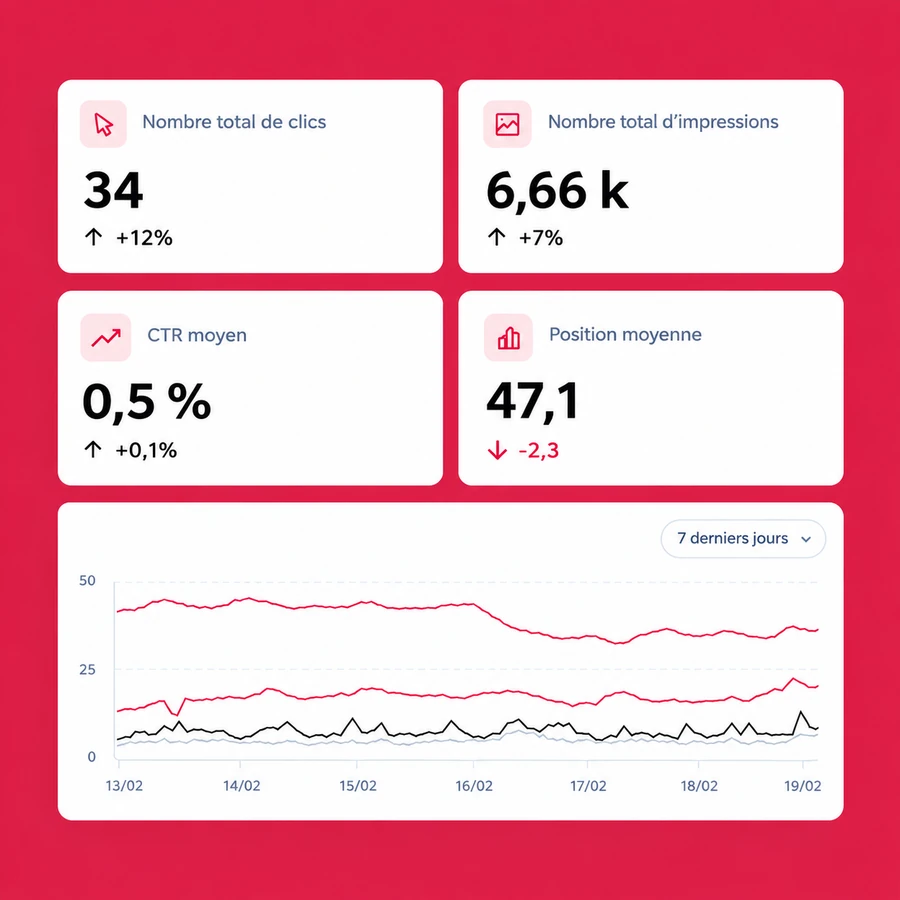 Tableau de bord d'audit SEO : clics, impressions, CTR moyen et position moyenne sur sept jours